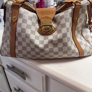 Louis Vuitton Cream and Tan Checkered Shoulder Bag with Gold Hardware
